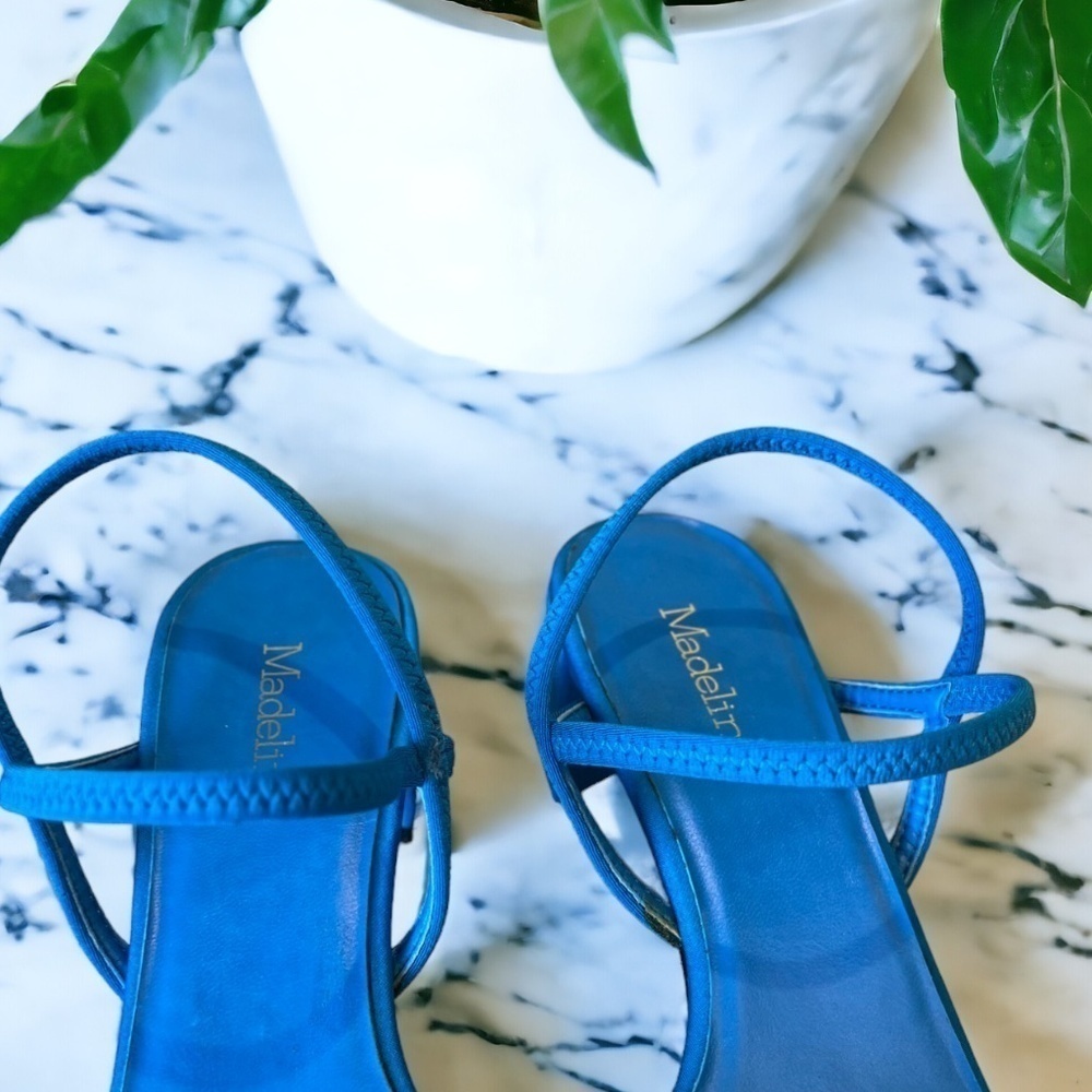 Y2K Madeline NEW Ruby Blue Satin Strappy Heels 7.5 Square Toe Block Heel - Picture 4 of 11
